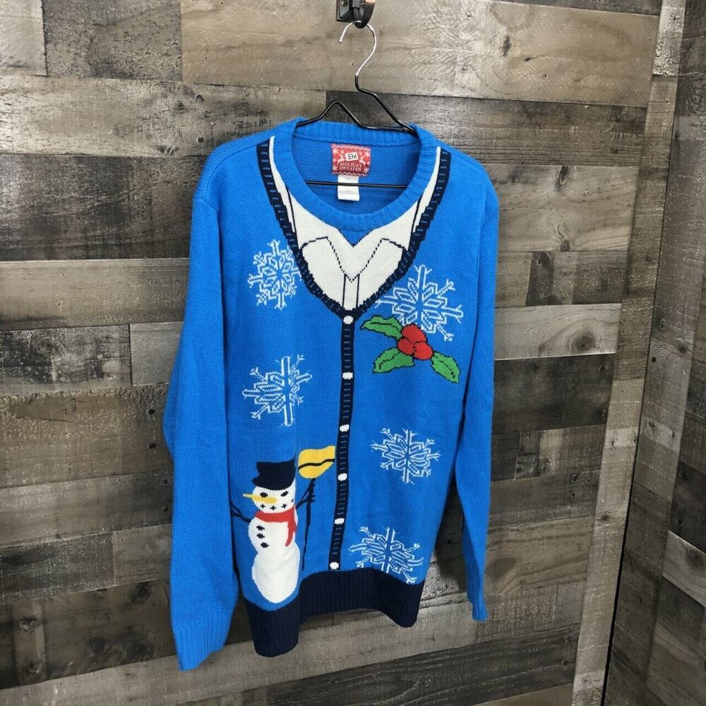 Jem Women's Faux Button Down Ugly Christmas Sweater Size XL Blue Snowman Tacky - Picture 3 of 8